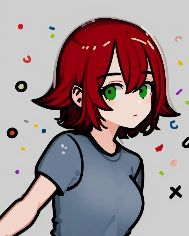 (masterpiece), (best quality), <lora:SakuraVRC:0.6> SakuraVRC, 1girl, solo, short hair, red hair, green eyes, breasts,  sticker, rough lines, vector, simple, flat illustration, mascot, Cartoon, white background, confetti, anime,  <lora:mbeStyle_v10:1>