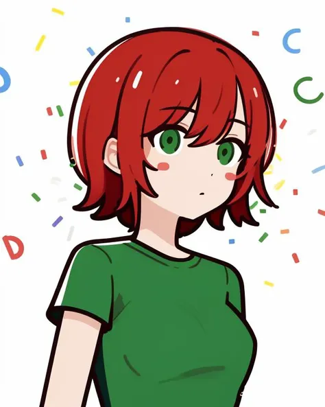 (masterpiece), (best quality), <lora:SakuraVRC:0.6> SakuraVRC, 1girl, solo, short hair, red hair, green eyes, breasts, sticker, rough lines, vector, simple, flat illustration, mascot, Cartoon, white background, confetti, anime, <lora:mbeStyle_v10:1>