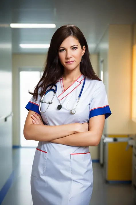 A stunning intricate full color portrait of a woman,wearing a nurse uniform, in modern hospital, happy, epic character composition,by ilya kuvshinov, alessio albi, nina masic,sharp focus, natural lighting, subsurface scattering, f2, 35mm, film grain, full body in the picture<lora:LaurenCrist:1>