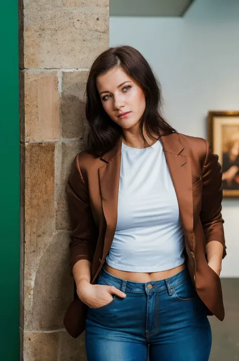 A stunning intricate full color picture of a beautiful woman, tailored blazer with jeans at a contemporary art gallery, closeup,, epic character composition,by ilya kuvshinov, alessio albi, nina masic,sharp focus, subsurface scattering, f2, 35mm, film grain<lora:LaurenCrist:1>