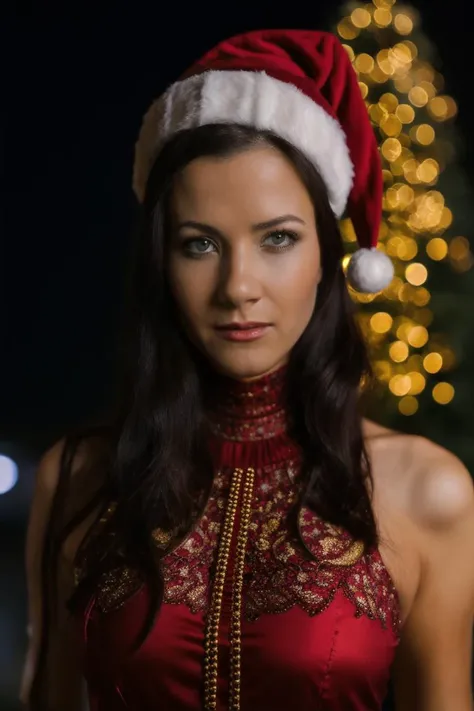 A stunning intricate full color portrait of a beautiful woman wearing a high neck red dress, santa hat, <lora:epiNoiseoffset_v2:1>, at night, happy, epic character composition,by ilya kuvshinov, alessio albi, nina masic,sharp focus, natural lighting, subsurface scattering, f2, 35mm, film grain , portait, closeup, very detailed skin texture <lora:LaurenCrist:1>