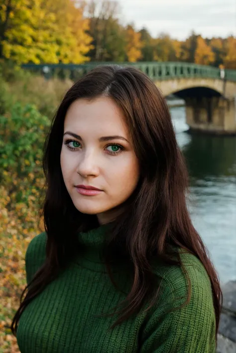 A stunning intricate full color portrait of a beautiful woman, wearing green sweater, collapsed bridge, , epic character composition,by ilya kuvshinov, alessio albi, nina masic,sharp focus, subsurface scattering, f2, 35mm, film grain <lora:LaurenCrist:1>