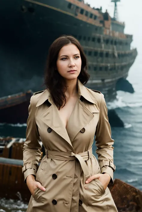 A stunning intricate full color portrait of a beautiful woman, wearing a classic beige trench coat with a cinched waist, sunken shipwreck, , epic character composition,by ilya kuvshinov, alessio albi, nina masic,sharp focus, subsurface scattering, f2, 35mm, film grain <lora:LaurenCrist:1>