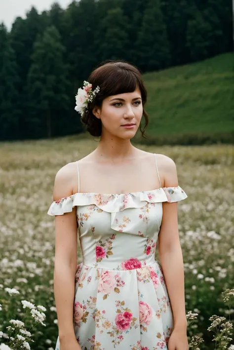 A full color portrait of a beautiful woman, wearing  a floral dress, bustling bridal fair, <lora:epiNoiseoffset_v2:1>, , epic character composition,by ilya kuvshinov, alessio albi, nina masic,sharp focus, subsurface scattering, f2, 35mm, film grain <lora:LaurenCrist:1>