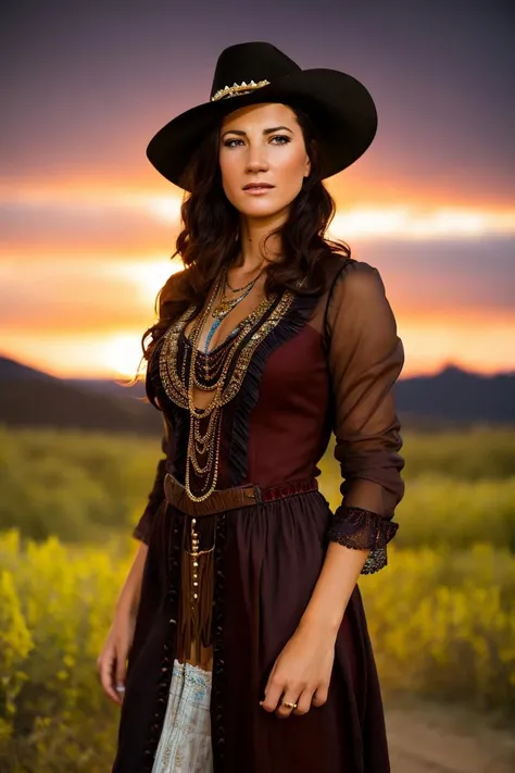A stunning intricate full color portrait of a beautiful woman wearing cowboy outfit, on the set of a wild west movie, at night, happy, epic character composition,by ilya kuvshinov, alessio albi, nina masic,sharp focus, natural lighting, subsurface scattering, f2, 35mm, film grain , portait, closeup, very detailed skin texture <lora:LaurenCrist:1>