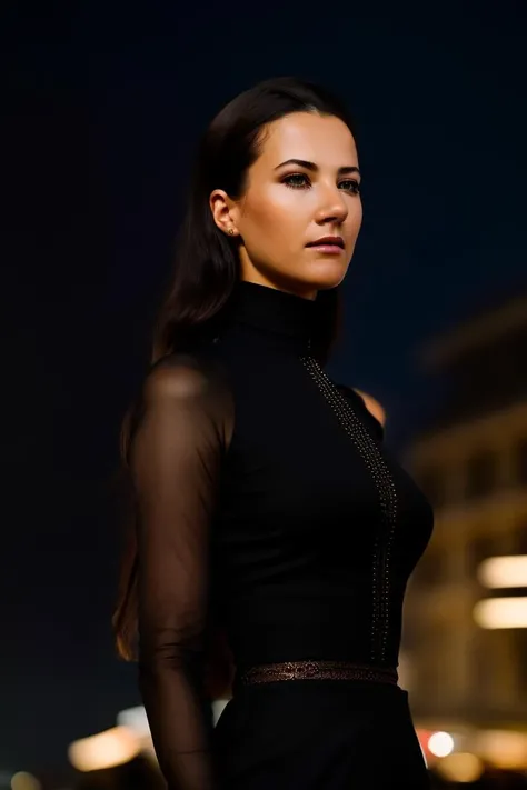 A stunning intricate full color portrait of a beautiful woman wearing a high neck black dress <lora:epiNoiseoffset_v2:1>, at night, happy, epic character composition,by ilya kuvshinov, alessio albi, nina masic,sharp focus, natural lighting, subsurface scattering, f2, 35mm, film grain , portait, closeup, very detailed skin texture <lora:LaurenCrist:1>