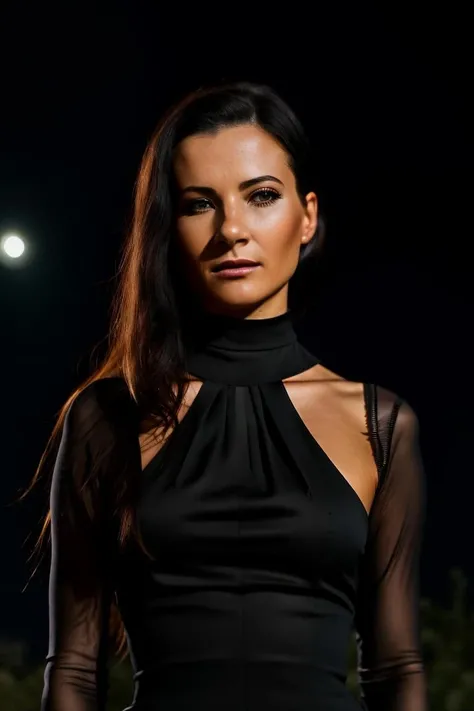 A stunning intricate full color portrait of a beautiful woman wearing a high neck black dress <lora:epiNoiseoffset_v2:1>, at night, happy, epic character composition,by ilya kuvshinov, alessio albi, nina masic,sharp focus, natural lighting, subsurface scattering, f2, 35mm, film grain , portait, closeup, very detailed skin texture <lora:LaurenCrist:1>