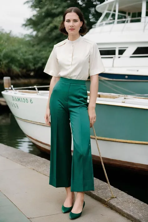 a portrait photo of a beautiful pale woman, Satin Emerald Green Sailor-collar blouse paired with wide-leg trousers and boat shoes, shot with Rolleiflex 2.8F, detailed face, detailed hair, best quality, masterpiece, (photorealistic:1.4) <lora:LaurenCrist:1>
