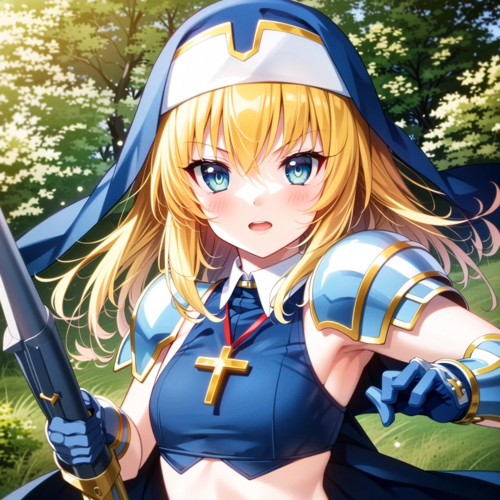 masterpiece, best quality, (1girl, solo),
sourin, 1girl, solo, blonde hair, weapon, armor, cross, blue eyes, armored dress, midriff, navel, gauntlets, nun, habit, sword, polearm, shield, long hair
<lora:SouRin:0.65>
blush,
( outdoors, forest,upper body, dynamic pose, looking at viewer, )
<lora:more_details:0.1>