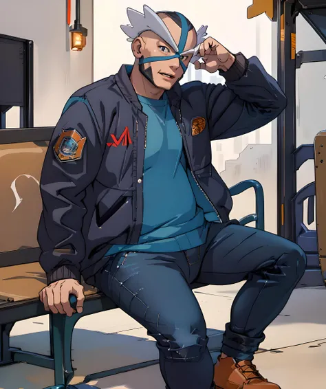 (best_quality, masterpiece):1.1331, crasher_wake, (sitting down, bench, restaurant):1.2, 1man, 1boy, (black jacket, black jeans):1.17f, orange shoesware, mask <lora:Crasher_Wake:0.75664>