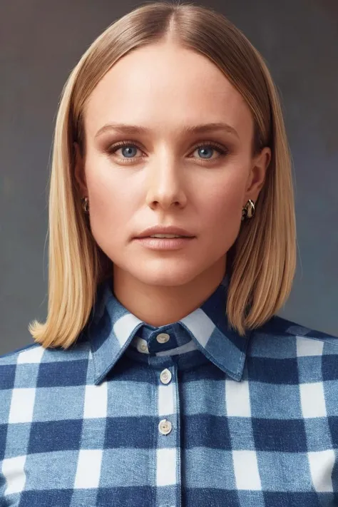 headshot, woman in blue checkered shirt, soft colors, masterpiece, high quality, (high detailed skin:1.1)
<lora:kristen_bell_lora_v01:1> 80ktbl