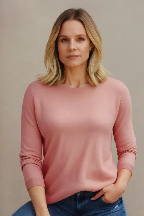 headshot, woman in a pink sweater and jeans, soft colors, masterpiece, high quality, (high detailed skin:1.1)
<lora:kristen_bell_lora_v01:1> 80ktbl