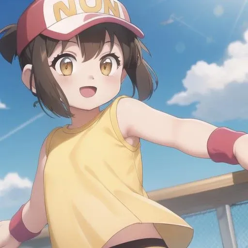 <lora:sagami-06:1>, s4g4m1, 1girl, yellow shirt, bare arms, red shorts, smiling, open mouth, all fours