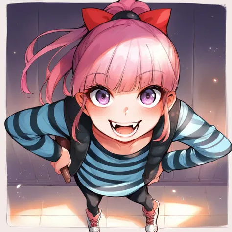 <lora:KyaradinPonyXL:1>
(best quality, score_9, score_7_up, ,:1.3), anime_source BREAK
Kyaradin, 1girl, solo, looking at viewer, open mouth, ponytail, smile, shorts, striped, leggings, holding, blush, shirt, Violet eyes, wooden floor, standing,   full body, fangs, long sleeves, from above, striped shirt, collarbone, :d, vest, teeth, bow, pink hair, black leggings, red bow, bangs, pantyhose,  pants, shoes