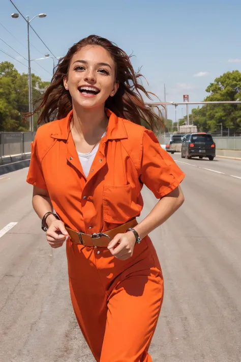 Transport Belt, handcuffs, prison clothes, orange jumpsuit, <lora:Realistic_Prison_Transport_Belt:.7>
 <lora:ABT:.7>, brown eyes, excited, grin, blush, running, outside,highway, street, traffic, blue sky, high quality, masterpiece