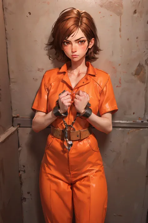 Transport Belt, handcuffs, prison clothes, orange jumpsuit, <lora:Realistic_Prison_Transport_Belt:.7>
<lora:AsukaT7:.7>, asuka, brown eyes, short brown hair, looking at viewer, serious, angry, blush, standing, inside prison cell, dust, dark, high quality, masterpiece,