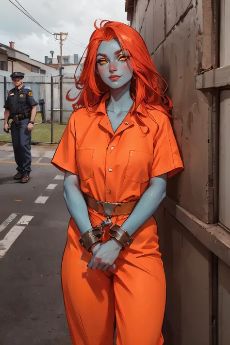 Transport Belt, handcuffs, prison clothes, orange jumpsuit, <lora:Realistic_Prison_Transport_Belt:.7>
mystique, yellow sclera, (colored skin, blue skin:1.1), red hair, looking at viewer, serious, smirk, standing, outside, fence, overcast, group of police officers standing, high quality, masterpiece, <lora:mystique-guy-v2:.8>