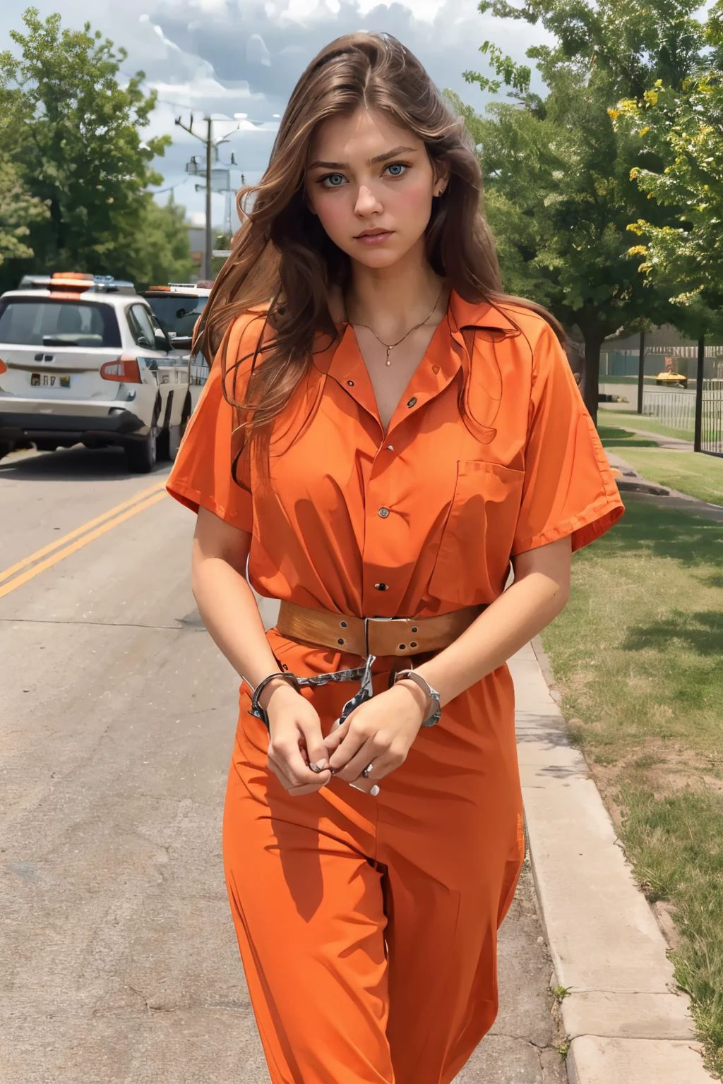 Transport Belt, handcuffs, prison clothes, orange jumpsuit, <lora:Realistic_Prison_Transport_Belt:.7>
<lora:KFE:.7>blue eyes, long brown hair, looking at viewer, serious, worried, blush, walking, outside, fence, parking lot, overcast, high quality, masterpiece,