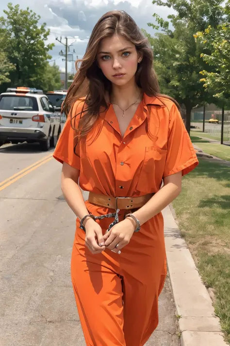 Transport Belt, handcuffs, prison clothes, orange jumpsuit, <lora:Realistic_Prison_Transport_Belt:.7>
 <lora:KFE:.7>blue eyes, long brown hair, looking at viewer, serious, worried, blush, walking, outside, fence, parking lot, overcast, high quality, masterpiece,