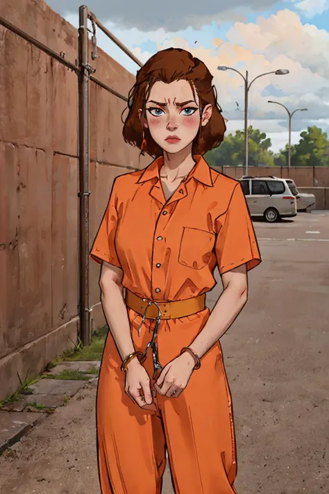 transport Belt, handcuffs, prison clothes, orange jumpsuit, <lora:Realistic_Prison_Transport_Belt:.7>
suki, brown hair, blue eyes, looking at viewer, serious, frown, blush, standing, outside, parking lot,  fence, overcast, high quality, masterpiece <lora:suki:.7>