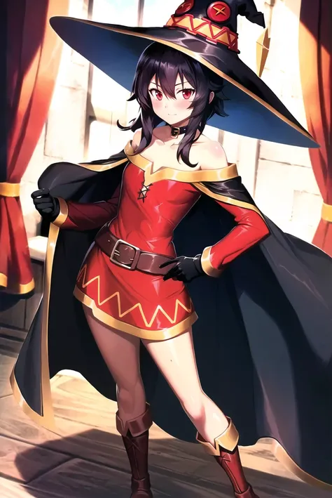 genzoman, masterpiece, best quality, megumin, 1girl, bare shoulders, black cape, black gloves, black hair, blush, cape, choker, collarbone, dress, hair between eyes, hat, long sleeves, looking at viewer, medium hair, off-shoulder dress, off shoulder, red dress, red eyes, sidelocks, solo, witch hat, indoors, <lora:genzoman_offset:1.2>