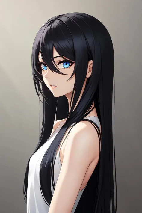 long hair, black hair, blue eyes, eyeliner, upper body, parted lips, hair between eyes, petite, straight hair, swept bangs, side bangs, medium breasts, small breasts,