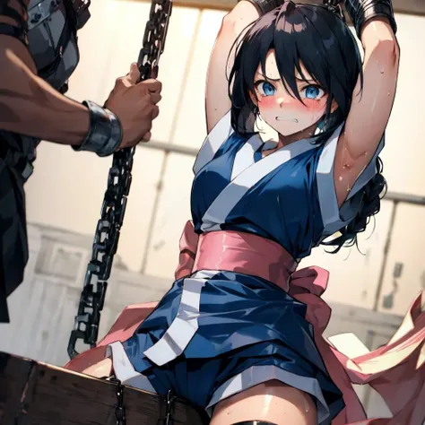 masterpiece, best quality,1girl,single braid,black hair,long hair,blue eyes,japanese clothes,short sleeves,blue short kimono,pink bow,sash,torn clothes<lora:MakimachiMisao:1>blush,scranched teeth,embrrassed,scowl,tears,empty eyes,annoyed,slim body,small breast,sweat,restrained,arms behind head,arms up,bound,chain,chained,defeat,bdsm,imminent rape,rope,shibari,cowboy shot,handcuffs,shackles,indoor,japanese room<lora:wooden_horse_v0.2:1>wooden_horse,rub crotch,torture,heavy,breath,trembling,from below, masterpiece, best quality, highres,