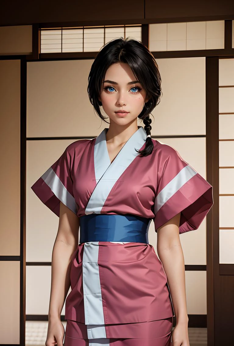 (masterpiece, best quality), 1girl, <lora:MakimachiMisao:0.8> 1girl,single braid,black hair,long hair,blue eyes,japanese clothes,short sleeves,blue short kimono,pink bow,sash,