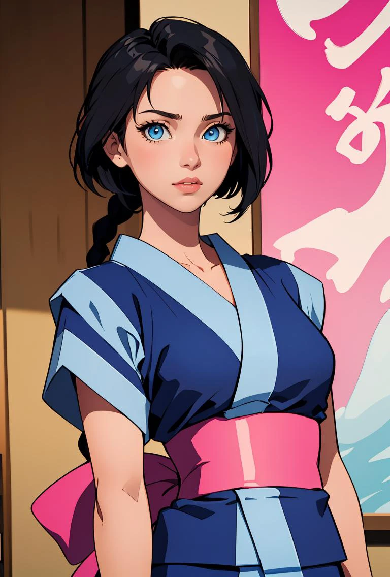 (masterpiece, best quality), 1girl, <lora:MakimachiMisao:0.8> 1girl,single braid,black hair,long hair,blue eyes,japanese clothes,short sleeves,blue short kimono,pink bow,sash,