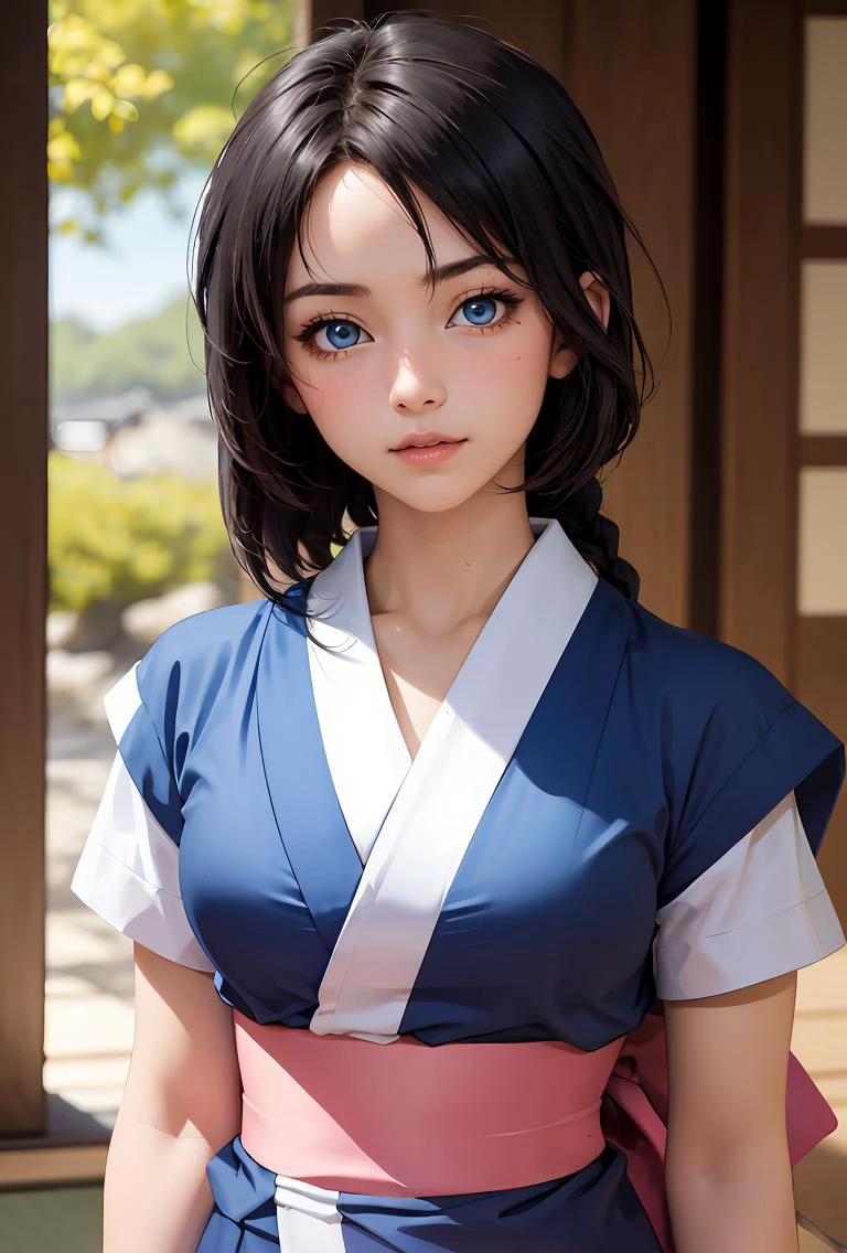 (masterpiece, best quality), 1girl, <lora:MakimachiMisao:0.8> 1girl,single braid,black hair,long hair,blue eyes,japanese clothes,short sleeves,blue short kimono,pink bow,sash,