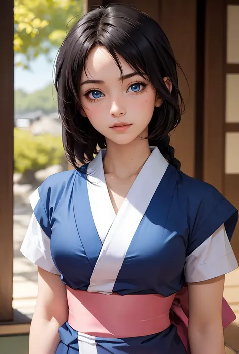 (masterpiece, best quality), 1girl,    <lora:MakimachiMisao:0.8> 1girl,single braid,black hair,long hair,blue eyes,japanese clothes,short sleeves,blue short kimono,pink bow,sash,