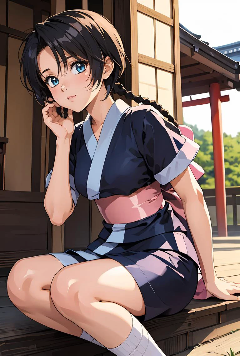 (masterpiece, best quality), 1girl, <lora:MakimachiMisao:0.8> 1girl,single braid,black hair,long hair,blue eyes,japanese clothes,short sleeves,blue short kimono,pink bow,sash,