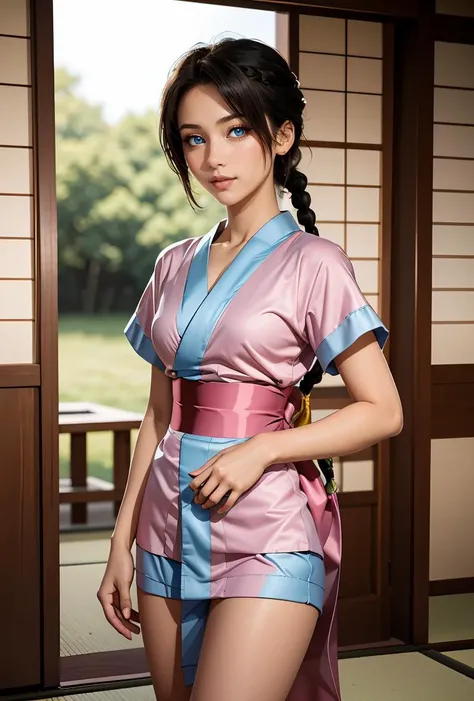 (masterpiece, best quality), 1girl,    <lora:MakimachiMisao:0.8> 1girl,single braid,black hair,long hair,blue eyes,japanese clothes,short sleeves,blue short kimono,pink bow,sash,