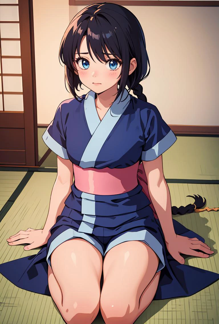 (masterpiece, best quality), 1girl, <lora:MakimachiMisao:0.8> 1girl,single braid,black hair,long hair,blue eyes,japanese clothes,short sleeves,blue short kimono,pink bow,sash,