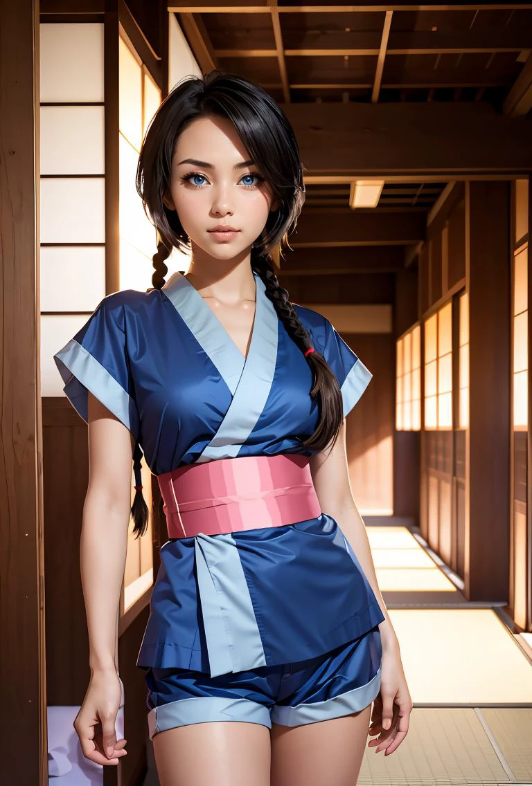 (masterpiece, best quality), 1girl, <lora:MakimachiMisao:0.8> 1girl,single braid,black hair,long hair,blue eyes,japanese clothes,short sleeves,blue short kimono,pink bow,sash,