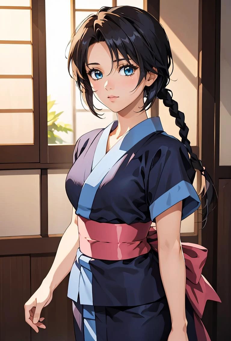 (masterpiece, best quality), 1girl, <lora:MakimachiMisao:0.8> 1girl,single braid,black hair,long hair,blue eyes,japanese clothes,short sleeves,blue short kimono,pink bow,sash,