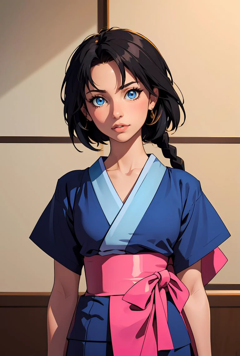 (masterpiece, best quality), 1girl, <lora:MakimachiMisao:0.8> 1girl,single braid,black hair,long hair,blue eyes,japanese clothes,short sleeves,blue short kimono,pink bow,sash,