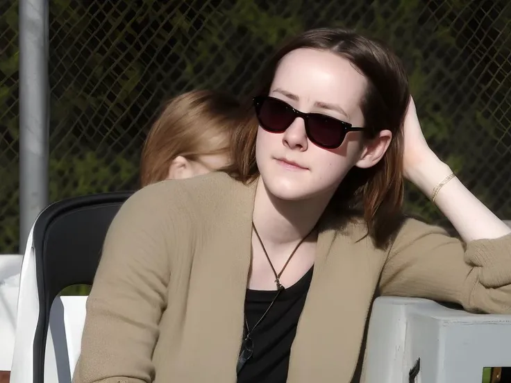 Photograph of gretchenross person sitting in the backlot of a film project she's working on. Wearing dark sunglasses. Pensive.