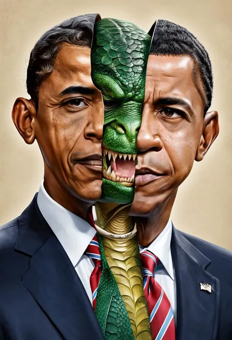 split head and body, split barak Obama, inside green Reptilian
