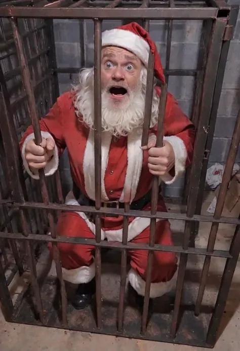 raw photo of scared santa clause inside rustycage