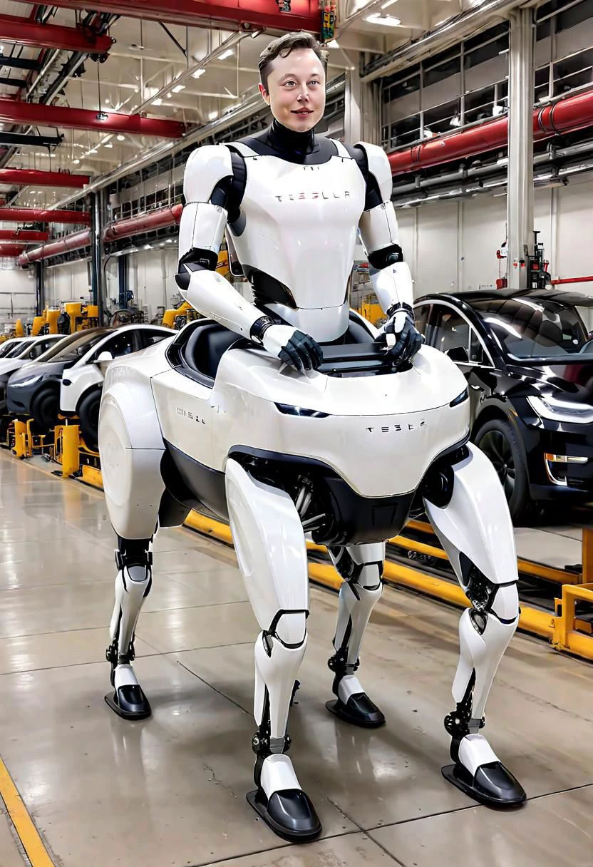 Elon Musk riding Teslabot centaur, in tesla factory