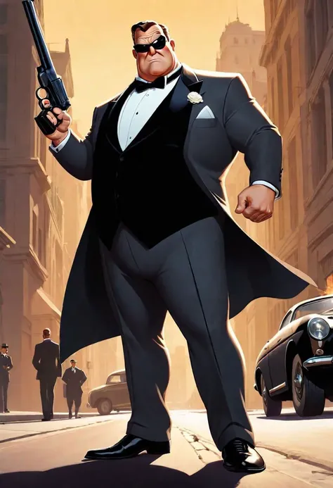 Animated series in the style of Bruce Timm, male figure, a friendly and funny guy who is overweight, in a tuxedo, with a Walther PPK pistol with a James Bond style silencer, in a suit in a heroic and extravagant pose.