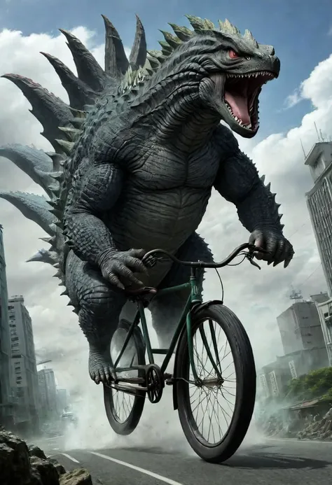 leviathan Godzilla riding bicycle