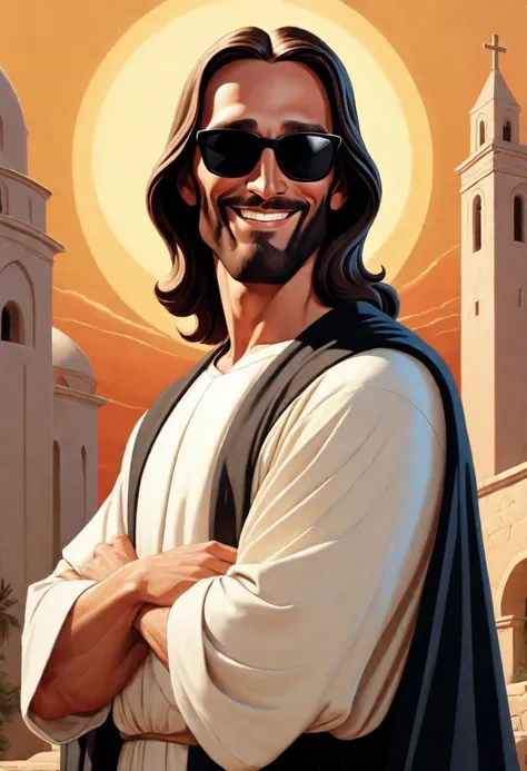 Animated series in the style of Bruce Timm, male figure, Jesus Christ with black sunglasses smiling, dressed in a cassock, in a heroic and extravagant pose. (Perfect hands)