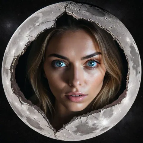 Live Documentary Artistic best quality raw photo, centred, beautiful woman's eyes inside crack in spherical moon, absolute black background, photomontage