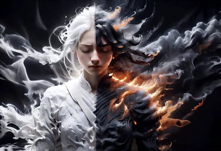 linquivera free self-expression, young girl eyes closed, head slightly tilted back, white glowing hair on one side, natural lighting on face, powerful defined face showing sadness and grief. Detailed pattern in very heavy smoke. Orange backlighting on dark side. Bright white glow on white side.