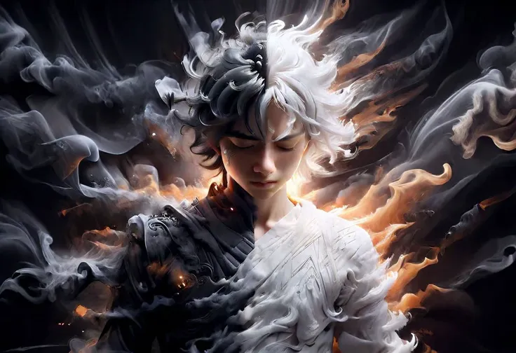 linquivera free self-expression, young child eyes closed, head slightly tilted back, white glowing hair on one side, natural lighting on face, powerful defined face showing sadness and grief. Detailed pattern in very heavy smoke. Orange backlighting on dark side. Bright white glow on white side.