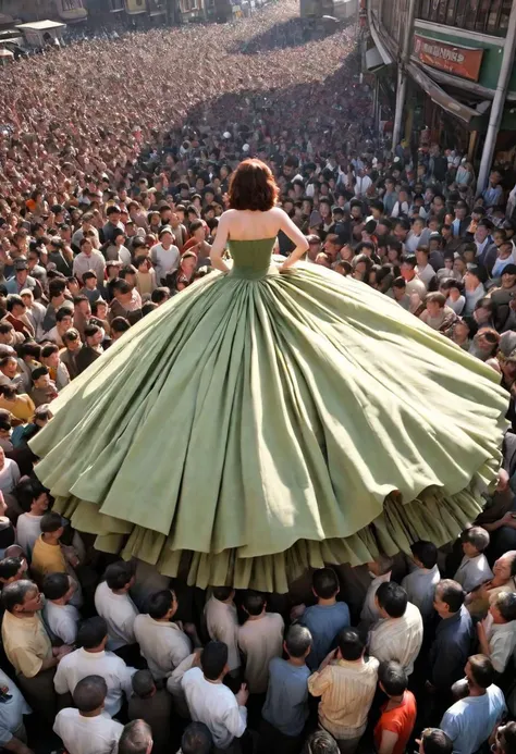 Men crowd of people under the giant skirt of woman