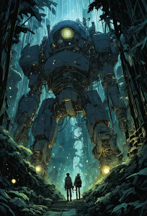 Mechanical Jungle Glistens under the Stellar Flame in the style of [Tsutomu Nihei:Hiromu Arakawa:0.3]