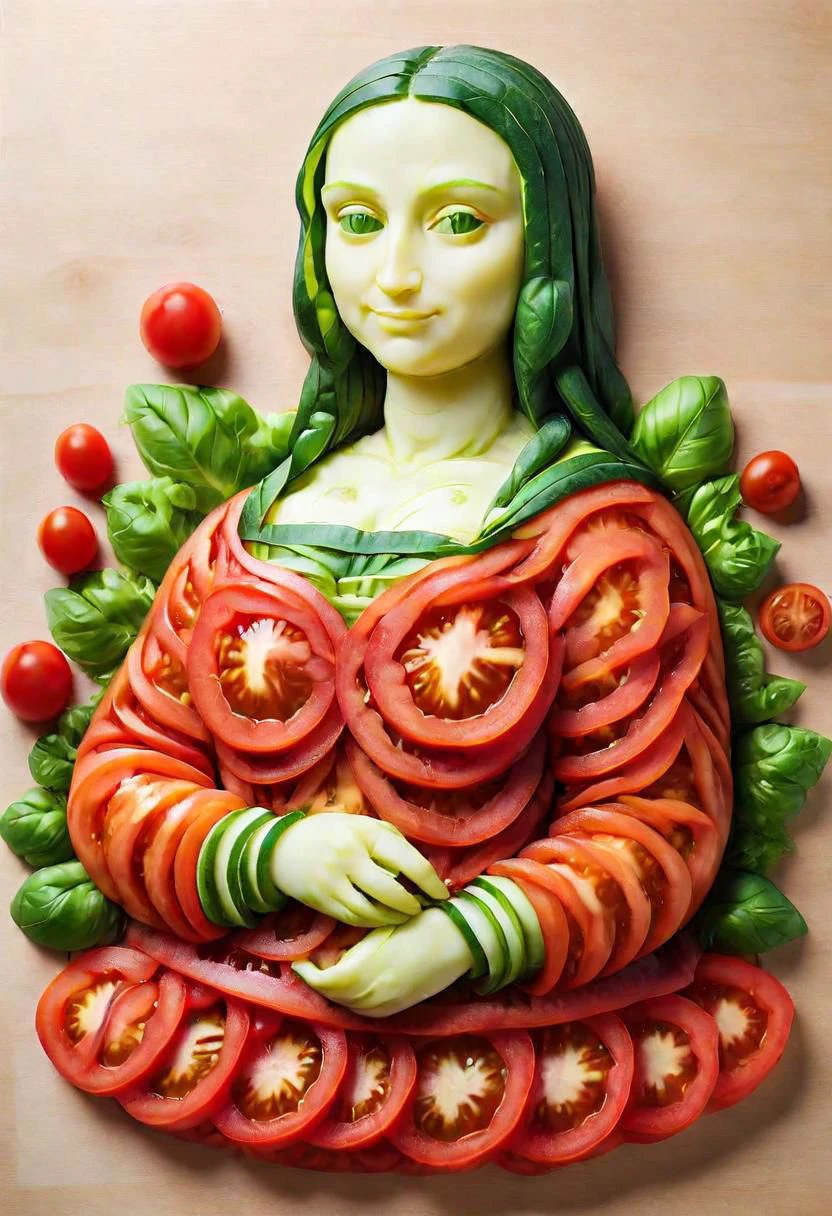 Gigantic Tmts salad sculpture of Mona Lisa